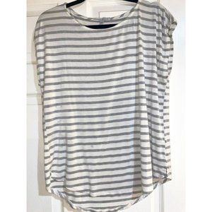 White Tee Shirt Grey Stripes Boat Neck Shirt size L by Green Envelope